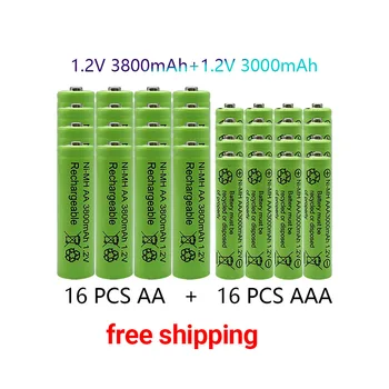 1.2 V AA 3800mAh NI-MH Baterijas+AAA baterija 3000 mAh Rechageable baterijos NI-MH 1.2 V AAA baterijos +nemokamas pristatymas