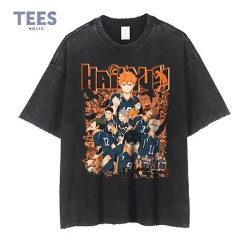 Anime Haikyuu T Shirts, Negabaritinių Vintage Plauti Shoyo Tobio T-shirt Streetwear Trumpas Rankovės Retro Manga Viršūnes Tees Vyrų 100%Medvilnė