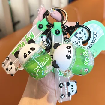 Kawaii Panda Puodelis Butelis Keychains Skysčio Dreni Panda paketų prižiūrėtojų raktinę Moterims, Poroms Maišelį Raktų Pakabukas Dovana Reikmenys, Žaislai vaikams