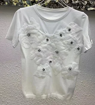 Naujas 2023 Vasaros Mados Viršūnes & Tees Aukštos Kokybės T Shirt Ladies Megztų Gėlių ornamento formavimas Deco trumpomis Rankovėmis Juoda Balta t Shirts