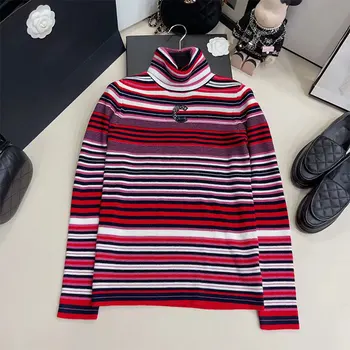 Nauji Megzti marškinėliai su juostele apačioje Nauji aukštos kaklo megztinis (puloveris)