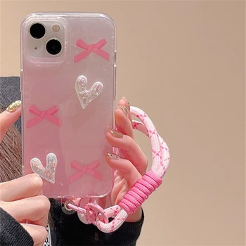 Prabanga 3D Meilė Širdies Rožinis Telefonas Grandinės Atveju iPhone 14 13 12 11 Pro Max INS Apyrankę Mergina Shell Anti-drop Ranka Virvę, Minkštas Viršelis
