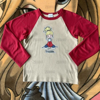 Y2K T Marškinėliai Moterims Animacinių filmų anime Spausdinti Spliced Long Sleeve t-shirt Grunge Moters Drabužių Mados Atsitiktinis Apkarpyti Viršūnes Streetwear EMO